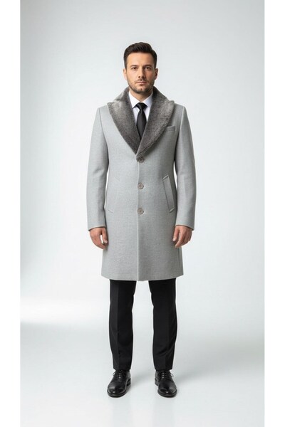 Plus Scorpion Men's Long Cashmere Coat – Detachable Fur Collar, Lined and with Pockets Slim Fit Coat (Beige,