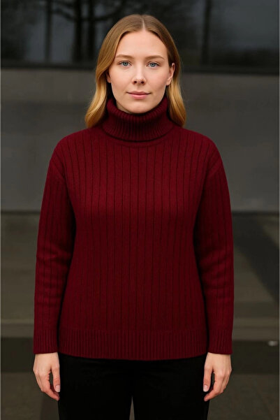 MODA Fisherman Collar Knitted Sweater Cotton Thick Corded Fabric Weaving - Claret Red