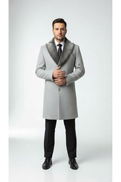 Plus Scorpion Men's Long Cashmere Coat – Detachable Fur Collar, Lined and with Pockets Slim Fit Coat (Beige,
