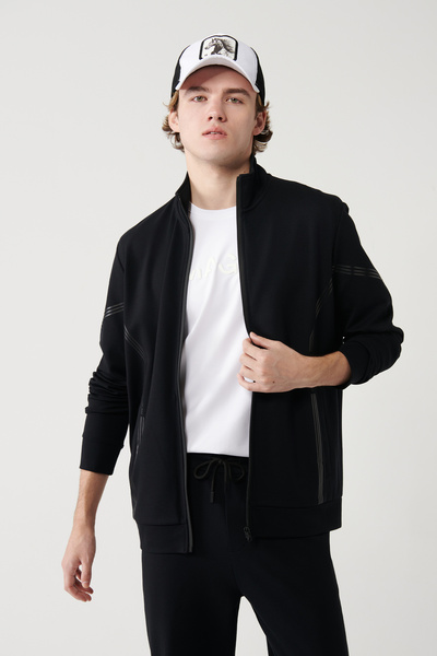 Avva Men's Black Stand Collar Zippered Printed Regular Fit Sweatshirt A41Y1230