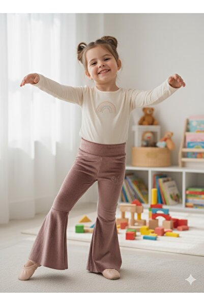 Şimo Butik Kız Çocuk Fransız Kadife Geniş Dökümlü İspanyol Paça Tayt OhLala Gül Kurusu