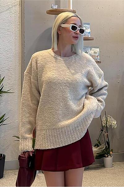 Madmext Beige Crew Neck Women's Boucle Sweater Mg2480