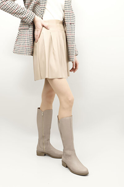 GÖNDERİ(R) Women's Beige Zippered Thick Heeled Genuine Leather Boots