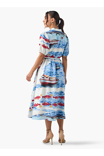 2Xtremz All-Over Print Shirt Dress with Notch Collar and Puff Sleeves