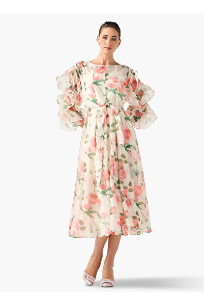 2Xtremz Floral Print Midi Dress with Ruffle Sleeves and Tie-Up Belt