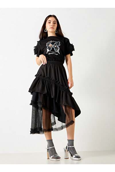 2Xtremz Textured Asymmetric Midi Skirt With Ruffle Detail