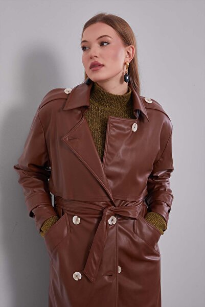 Levidor Taba Midi Boy Kuşaklı Deri Trençkot