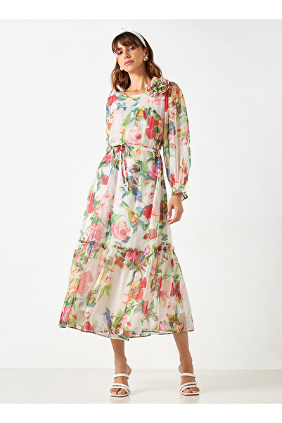 2Xtremz All-Over Print Dress with Volume Sleeves and Tie-Up Belt