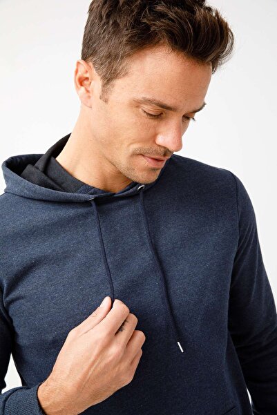 İgs Men's Indigo Modernfit / Extra Slim Fit Hooded Zipless Sweatshirt