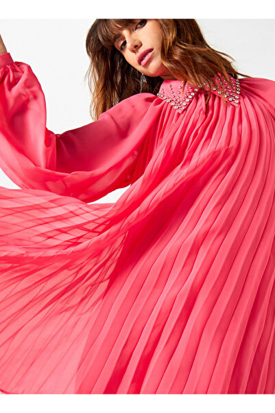 2Xtremz Pleated Dress with Embellished Collar and Bishop Sleeves