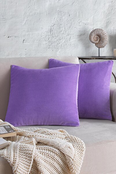 Znp Home Cozy | 2 Adet Mor Renk Kadife Pamuklu Kırlent Yastık Kılıfı 44x44 Cm
