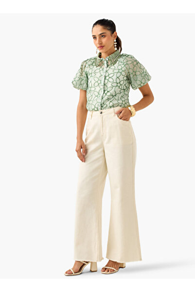 2Xtremz Floral Embroidered Shirt with Button Closure and Puff Sleeves