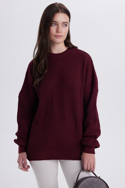 Tudors Women's Oversized Wide Cut Knitted Detailed Crew Neck Burgundy Sweater