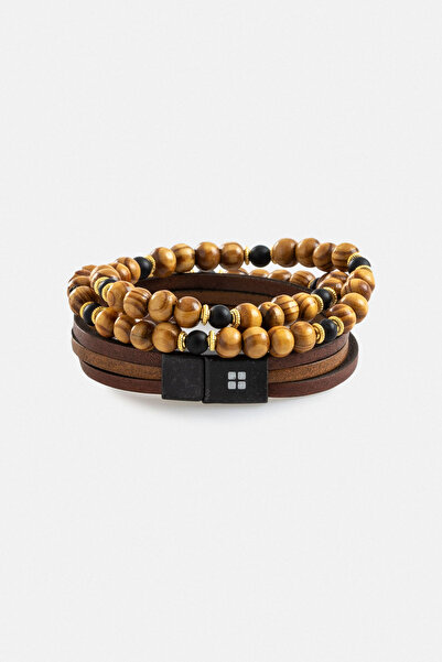 Avva Men's Brown 100% Leather and Stone 2-Piece Bracelet A32y9613