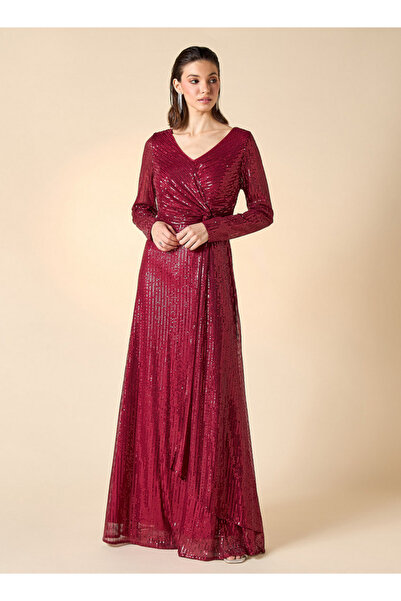 2Xtremz Sequin Embellished Maxi Dress with V-neck and Long Sleeves