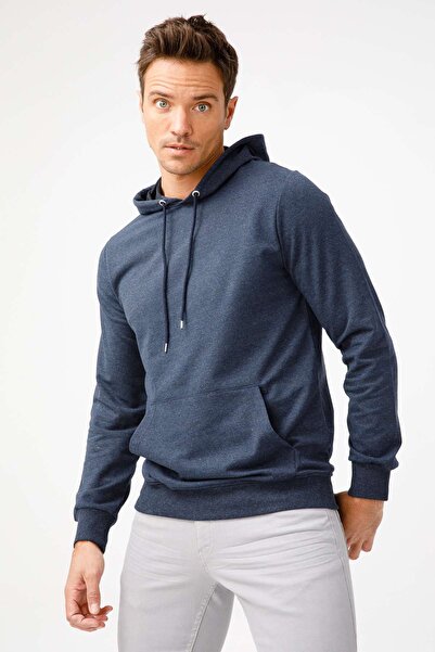 İgs Men's Indigo Modernfit / Extra Slim Fit Hooded Zipless Sweatshirt