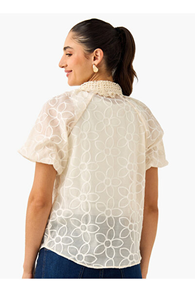 2Xtremz Floral Embroidered Shirt with Button Closure and Puff Sleeves
