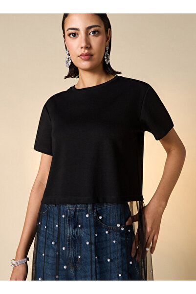 2Xtremz Pearl Embellished Crew Neck Top With Mesh Overlay