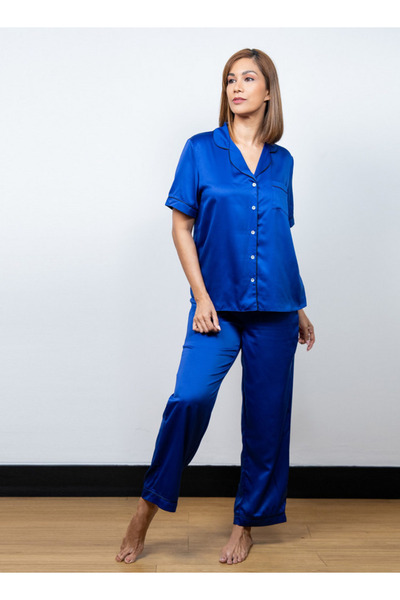 Aadaraya Solid Satin Short Sleeve Shirt And Elasticated Pyjama Set