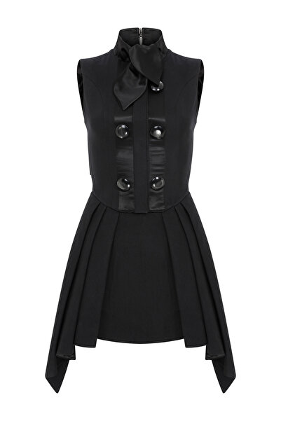 MERT ERKAN Stylish Black Tuxedo Sleeveless Frag Jacket with Long Front and Sh...