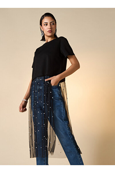 2Xtremz Pearl Embellished Crew Neck Top With Mesh Overlay