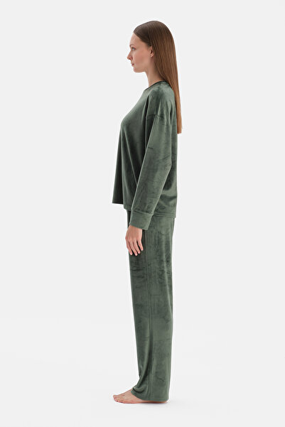 Dagi Dark Green Long Sleeve Velvet T-Shirt Pants Pajama Set