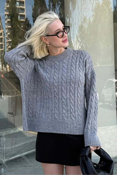 Madmext Gri Bisiklet Yaka Örgü Desenli Kadın Triko Kazak MG2520