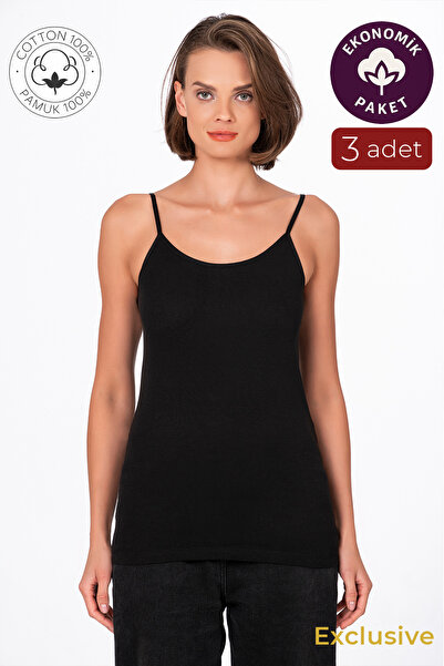 Kompedan Kadın Pamuklu Ribana İp Askılı Klasik Atlet 3'lü Paket – Esnek & Rahat | Siyah K0107