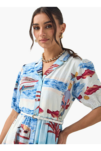 2Xtremz All-Over Print Shirt Dress with Notch Collar and Puff Sleeves