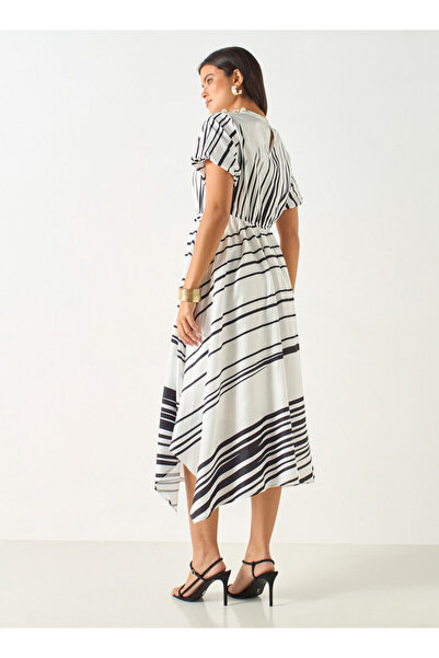 2Xtremz Striped Dress With Asymmetrical Hemline And Pearl Accent
