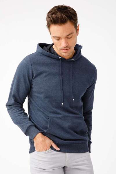 İgs Men's Indigo Modernfit / Extra Slim Fit Hooded Zipless Sweatshirt