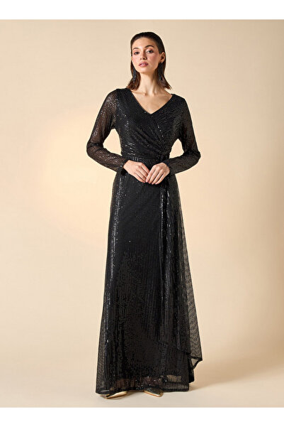 2Xtremz Sequin Embellished Maxi Dress with V-neck and Long Sleeves