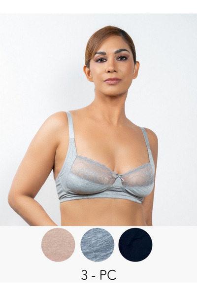 Aadaraya Set Of 3 - Laced Balconette Bra With Hook And Eye Closure