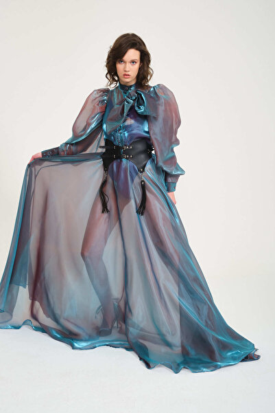 MERT ERKAN Balon Kollu & Transparan İpek Organze Lavanta Elbise