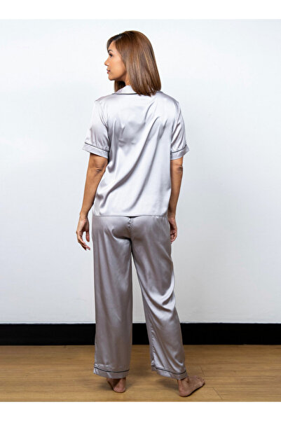 Aadaraya Solid Satin Short Sleeve Shirt And Elasticated Pyjama Set