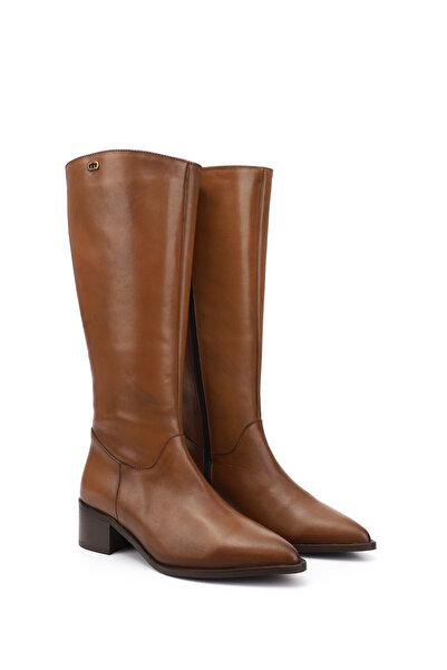 GÖNDERİ(R) Women's Tan Pointed Toe Thick Heeled Genuine Leather Boots