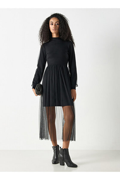 2Xtremz Mesh Textured Midi Dress With Long Sleeves And High Neck