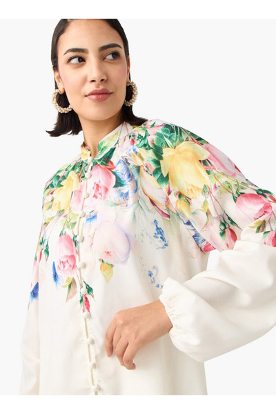 2Xtremz Floral Print Top with Mandarin Collar and Volume Sleeves
