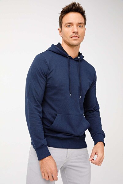 İgs Men's Navy Blue Modernfit / Extra Slim Fit Hooded Zipperless Sweatshirt