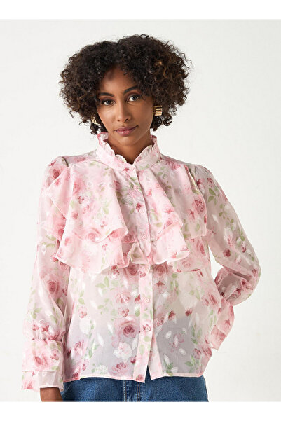 2Xtremz بلوزة مطبوعة بالكامل بنقشة زهور وأكمام طويلة وتفاصيل كشكشة