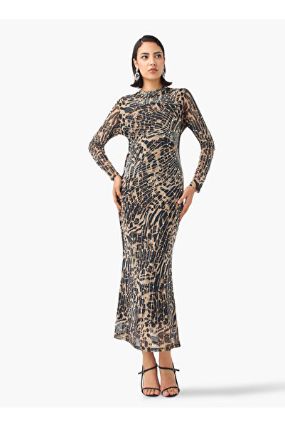 2Xtremz 2Xtremz Mesh Embellished Dress with Long Sleeves and High Neck