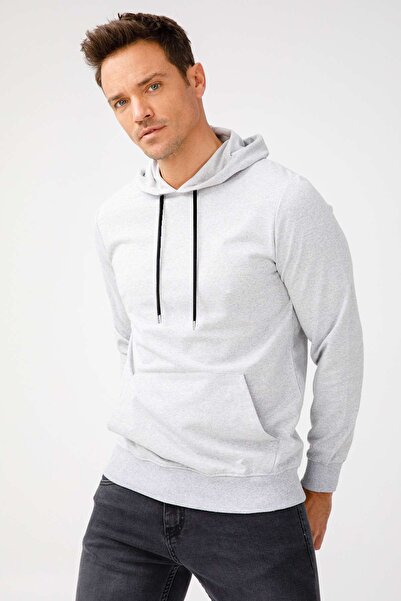 İgs Men's A.Grey Modernfit / Extra Slim Fit Hooded Zipperless Sweatshirt
