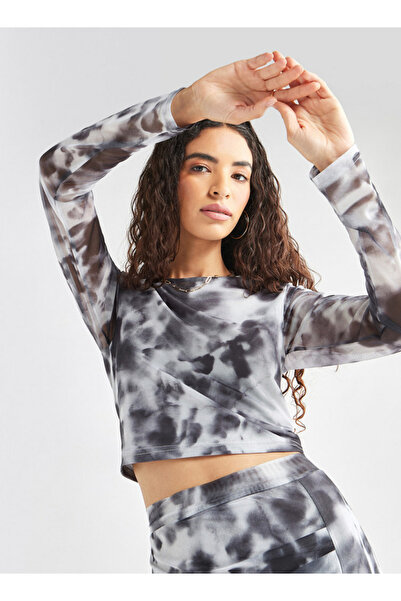 FAV Tie Dye Print Mesh Crop Top with Round Neck and Long Sleeves
