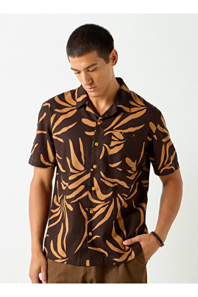 Iconic قميص مريح من مزيج الكتان المطبوع مع ياقة معسكر