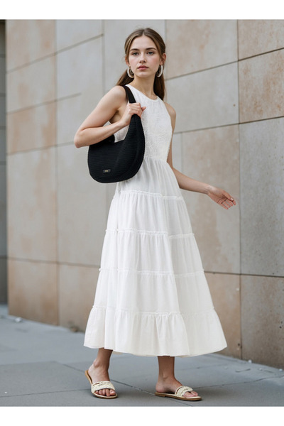 Lee Cooper Tiered Sleeveless Maxi Dress with Embroidered Detail