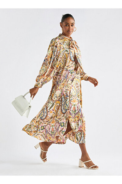 FAV Paisley Print Shirt Dress With Long Sleeves And Neck Tie-up