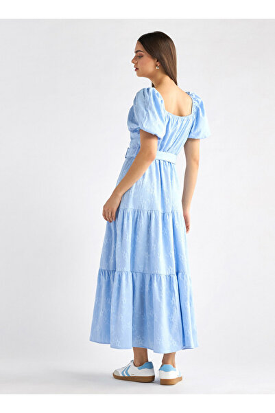 FAV Floral Textured Tiered Maxi Dress with Short Puff Sleeves and Square Neck