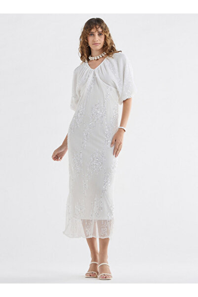 FAV Sequinned Midi Dress With Short Puff Sleeves And V-neck