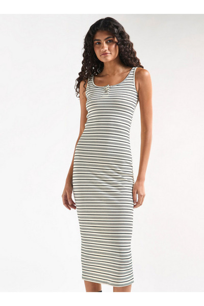 FAV Striped Sleeveless Bodycon Dress with Round Neck and Button Detail