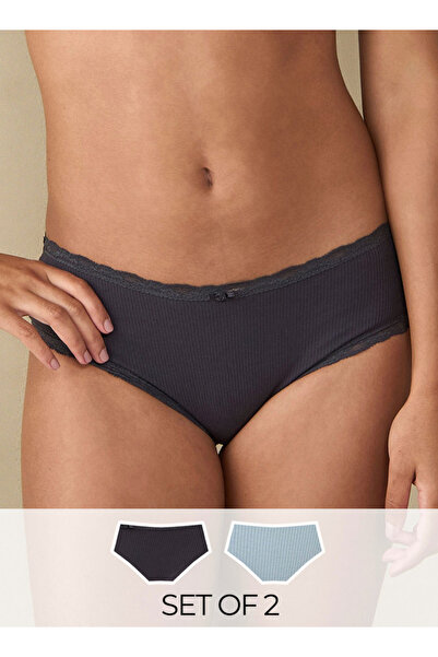 FAV Set of 2- Ribbed Lace Detail Bikini Briefs with Elasticated Waistband